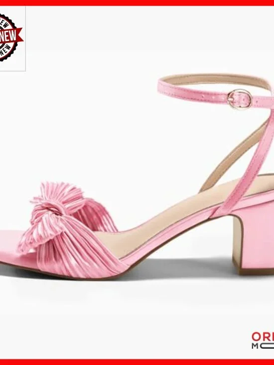 Satin Bow Heels Sandals 2.36 Inch Block Heel Ankle Strap Wedding Shoes - Picture 4 of 7